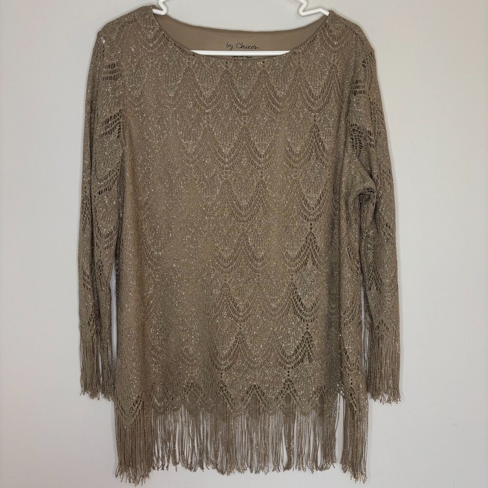 BY CHICO'S Gold Metallic Scallop Hem Fringe Top Womens L Long Sleeve Round Neck - Picture 5 of 7